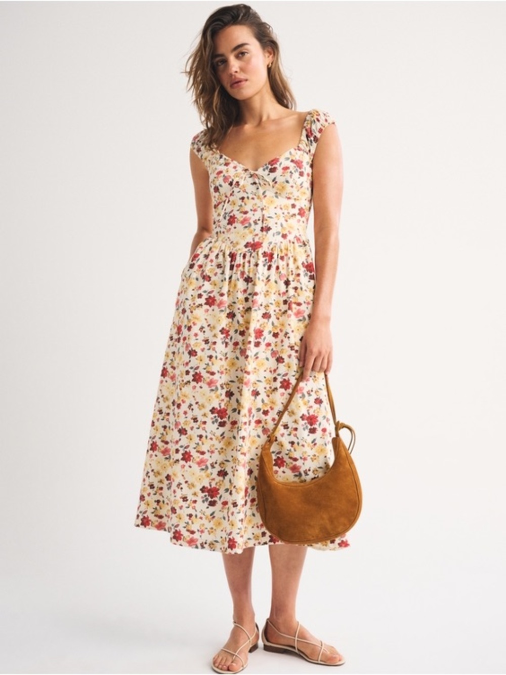 NWT Abercrombie & Fitch 100% Cotton Bra-Free Cap Sleeve Floral Midi Dress, Sz XL